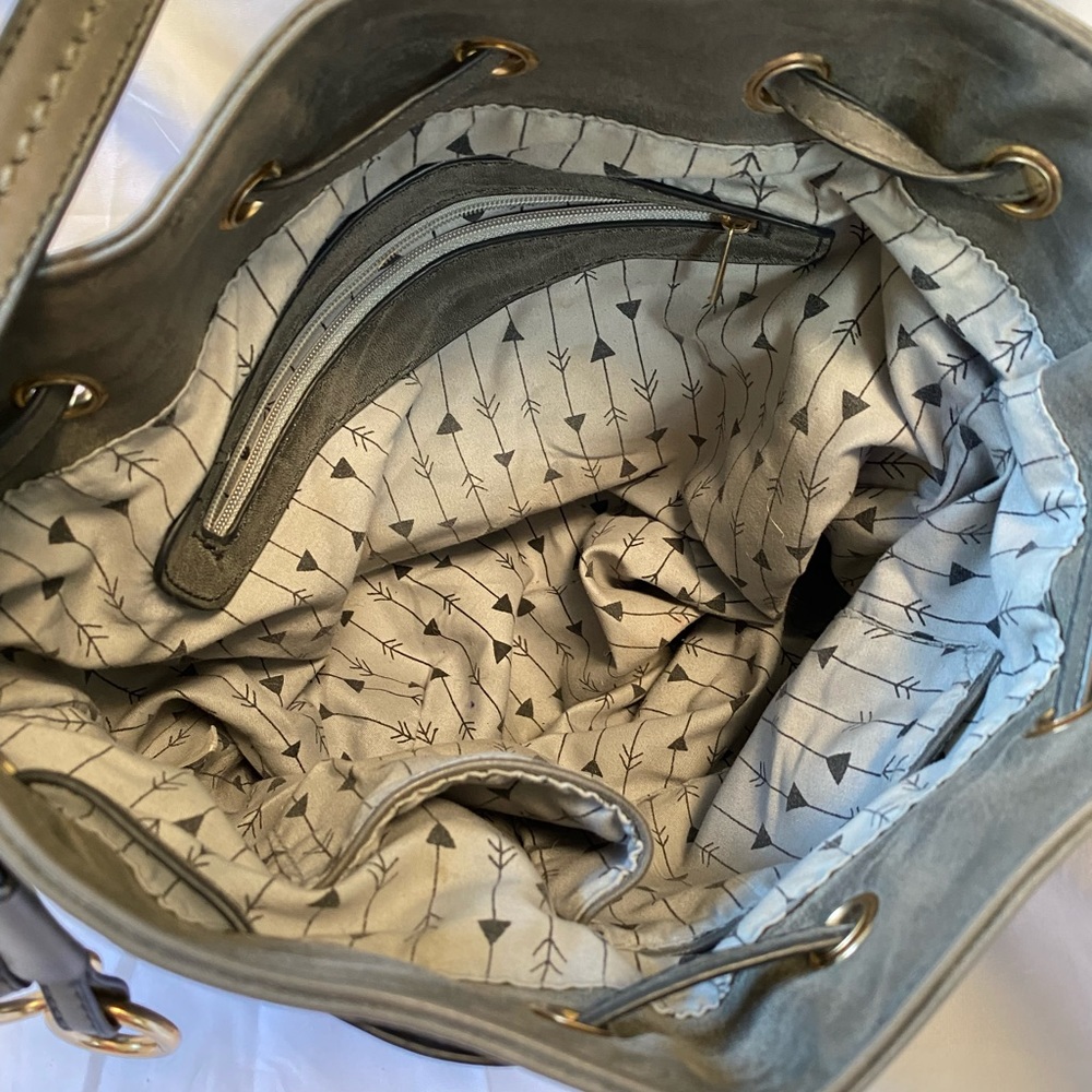 Gray Leather Drawstring Closure Shoulder Purse - image 3